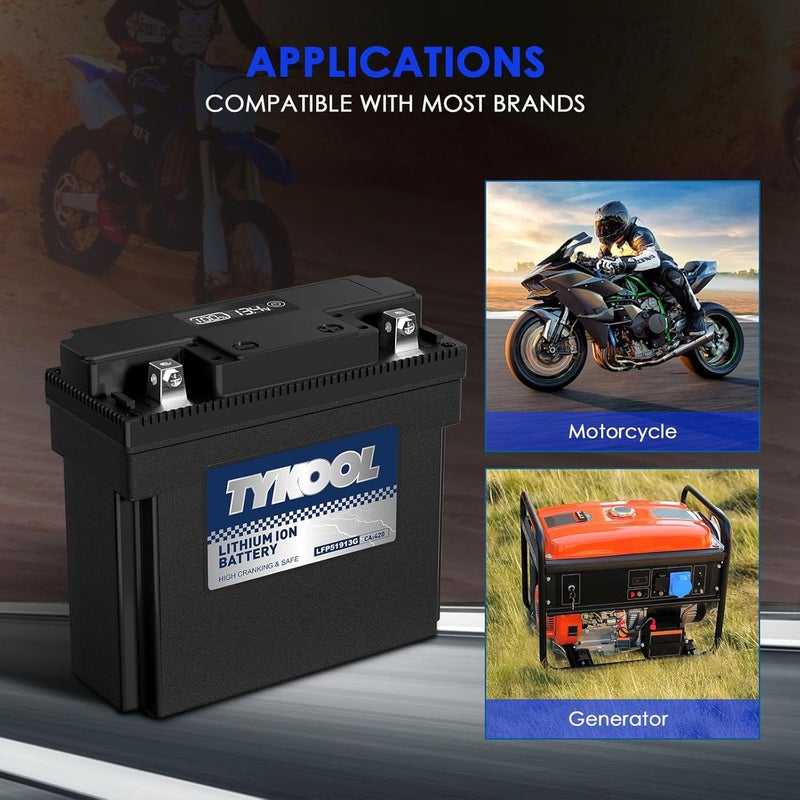 TYKOOL 51913/51814 LiFePO4 Lithium Motorcycle Battery, 420CCA,Digital Readout, Fits for BMW motorcycle,R1200RT, K1200LT, R80GS; Champion Generator, Dual Fuel Generator, Lawn Mower Battery - Image 5